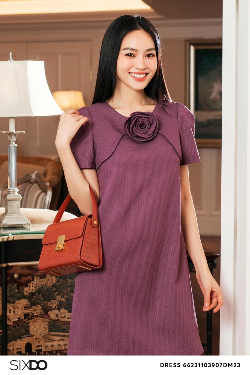 Sixdo Purple Mini Raw Dress With Flower